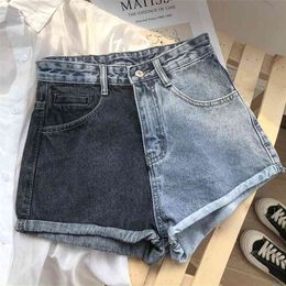 Summer Women Splicing Denim Shorts Lady Slim Elastic Cuffs Wide Leg Pants Fashion High Waist Comfortable A-line 210430