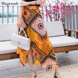 Holiday Beach Style Vintage Skirts Summer Women Bohemian Print Chiffon Womens Chic Irregular Long D786 210512