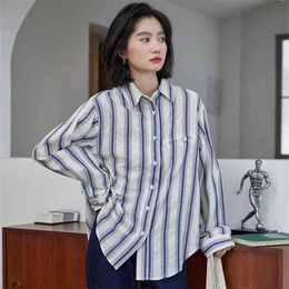 Arrival Spring Autumn Korea Fashion Women Long Sleeve Loose Shirt All-matched Casual Cotton Linen Striped Blouses M531 210512