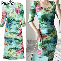 vintage sexy slim bodycon rose flower printed square collar midi dresses for party dinner night mesh floral vestidos robe 210421