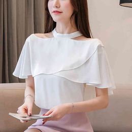 Womens tops and blouses Summer Ruffled Elegant Strapless Loose Chiffon Short Sleeve White Shirt Female 682A 210420