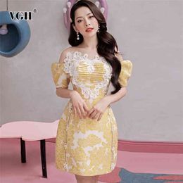 Yellow Elegant Embroidery Dress For Women Slash Neck Puff Short Sleeve High Waist Mini Dresses Female Clothes Summer Fashion 210531