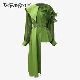 Casual Asymmetrical Women Shirt Sailor Collar Lantern Sleeve High Waist With Sashes Irregular Ruffle Blouses Female 210524