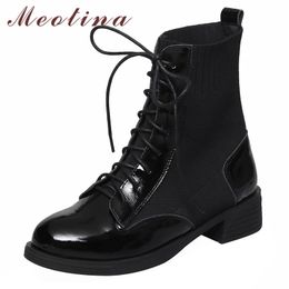 Women Ankle Boots Winter Natural Genuine Leather Thick Heels Short Stretch Lace Up Ladies Shoes Autumn Size 33-43 210517