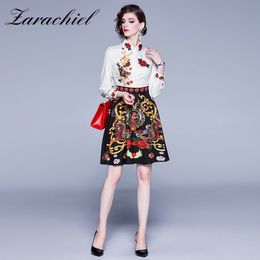 Fashion Runway Mini A-Line Autumn Women's Long Sleeve Vintage Flower Printed High Waist Elegant Ladies Party Dress 210416