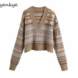 Fashion Women Vintage Jacquard Sweater Long Sleeve V Neck Casual Plus Size Cropped Pullover Winter Christmas Jumper 210514