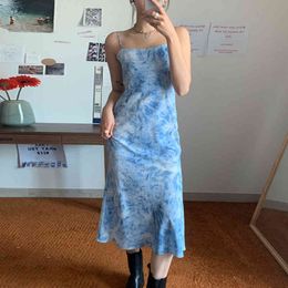 Summer Elegant Temperament Gentle Patry Slim Blue Square Neck Tie-dye Printing Suspender Dress Women 16F1332 210510