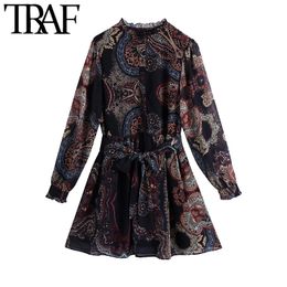 TRAF Women Fashion Bow Tie Sashes Ruffled Paisley Print Mini Dress Vintage Long Sleeve With Lining Female Dresses Mujer 210415