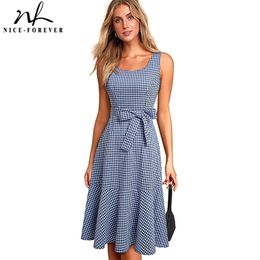 Nice-Forever New Summer Casual Plaid Cottagecore Dresses with Sash A-Line Women Flare Swing Dress A192 210331