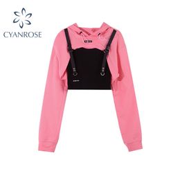 Women Fashion Casual Sexy Punk Goth Hoodie Long Sleeve Stylish Crop Top Spring Autumn Pullover Thin Sweatshirt Pink Tracksuit 210417