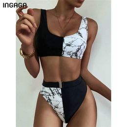 INGAGA High Waisted Bikinis Sexy Women's Swimsuit Swimwear Cut Bikini Set Printed Patchwork Biquini Belted Beachwear 210621