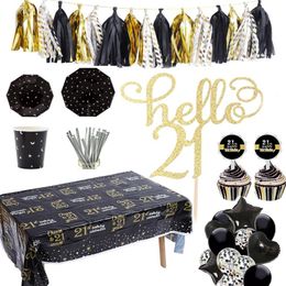 Disposable Dinnerware Omilut Black/Gold Party Decorations Hello 21th/30th/40th Birthday Supplies Wedding Decor Tablecloth Plates Cups