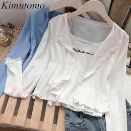 Kimutomo Summer Women Suit Korean Letter Embroidered Sling Long-sleeved Cardigan Top Women Fashion Two-piece Set 210521