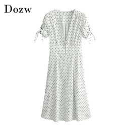 Women Polka Dot Summer Bohemian Dresses Sexy Deep V Neck Split Beach Dress Bow Tie Short Sleeve Holiday Party Dress Vestido 210414