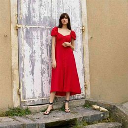 Women Elegant Fashion Red Buttons Long Dress Vintage Puff Sleeves Backless Square Collar Dresses Female Chic Outfits 210531