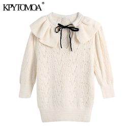 Women Fashion With Faux Pearls Knitted Sweater Bow Tie O Neck Puff Sleeve Female Pullovers Chic Tops 210420