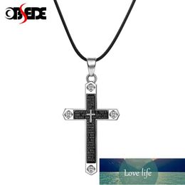 OBSEDE Stainless Steel Cross CZ Crystal Pendant Necklace For Men Women Black Leather Cord Male Jewelry Accessory Christmas Gift Factory price expert design Quality