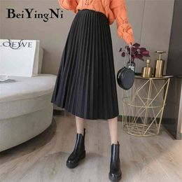 Vintage Midi Pleated Skirt Women Solid Colour High Waist Korean Casual Fashion Black Skirts Womens Elegant Faldas Mujer 210506