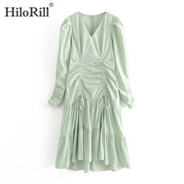 Women Vintage Drawstring Pleated Midi Dress Elegant V Neck Green Party Puff Long Sleeve Solid es Robe Femme 210508