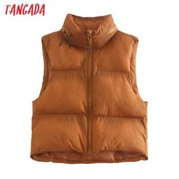 Tangada Women Khaki Hooded Hidden Inside Cropped Padded Waistcoat Vintage Sleeveless Zip-up Female Outerwear Chic Tops CE67 210609