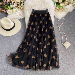 Long Tulle Midi Skirts Women Spring Elastic High Waist Mesh Pleated Female Love Heart Streetwear 210601