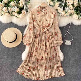 Spring Fashion A-line Dress Women Round Collar Buckle Waist Thin Long Sleeve Print Elegant Vintage Vestidos Q899 210527