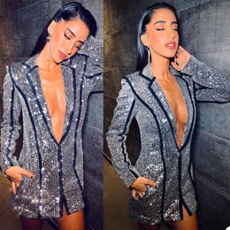 Sparkle Sequined Short Prom Dresses Long Sleeve Deep V Neck Mini Party Gowns Women Sexy Suit Dress