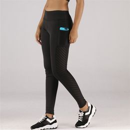 JIANWEILI Sexy Mesh Woman fitness leggings Side pockets Splice push up High waist Slim pants Breathable 210925