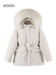 Wixra White Duck Down Overcoat Stylish Fur Collar Warm Winter Outwear Zipper Jackets Hooded Parkas Snow Coats 211130