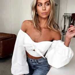 white cotton bowknot vintage crop top blouse women lantern sleeve off shoulder zipper s autumn winter 210427