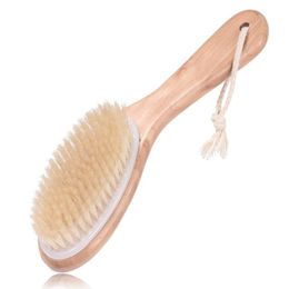 Wholesale 25x7.5cm Long Natural Wooden handle Bristle Body Brush Massager Soft Brushes Wood Bath Shower Back Spa Scrubber A216116