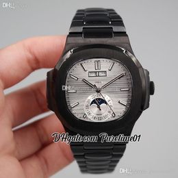 2022 5726 Annual Calendar Moon Phase Automatic Mens Watch PVD All Black Silver Textured Dial Stick Stainless Steel Bracelet 5 Styles Watches Puretime01 E18SS-B2