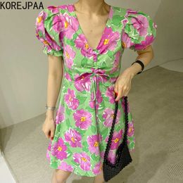 Korejpaa Women Mini Dress Summer Korean Fashion Elegant Print V-neck Drawstring Strap Slim Bubble Sleeve Flower Dresses 210526