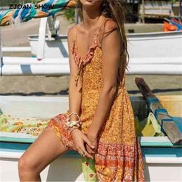 Bohemian Lacing up Ruffles V neck Floral print BOHO Dress Holiday Woman Bell Waist Dresses Beach Sling Vest 210429