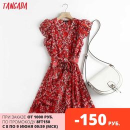 Tangada Fashion Women Flowers Print Elegant Dress with Slash Female Work Mini Dress 4C101 210609