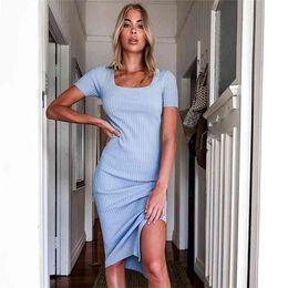 Foridol vinatge knitted blue dress women autumn ribbed bodycon ladies long dress white winter side slit maxi sweater dress 210415