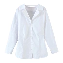Elegant Women White Poplin Shirts Fashion Ladies V-Neck Tops Streetwear Female Chic Cotton Waist-Controlled Blouses 210430