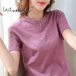 Summer Solid Pure Colour T-shirt Women Cotton O-neck Single Button Short Sleeve Casual Tops Minimalist ropa mujer T01403B 210421