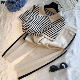 Fashion Stripe Patchwork Knitted Two Peice Set Women Turn-Down Collar Short Sleeve T-shirt+Ankle-Length Pants Casual Tracksuit 210819