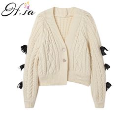H.SA Women Casual Sweater and V neck Button Up Sleeve Bow Tie Cute Girls White Cardigans Thick Chic Jumpers Twisted 210417