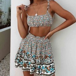 Jastie 2 Piece Sets Womens Outfits Summer Boho Floral Printed Crop Top & Elastic Waist Mini Skirt Two Price Set Dress Beach 210419