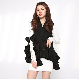 [EWQ] Spring New Outerwear Layers Ruffles Design Fashionable Loose Fashion Black Blazer Vest Women Ruched Casual Coats 210423