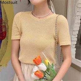 Summer Knitted T Shirt Tops Women Short Sleeve O-neck Hollow Fashion Ladies Solid Basic Tees T-shirt Femme 210513