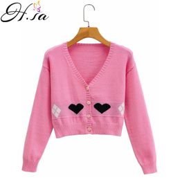 HSA Women Winter V-Neck Sweet Heart Cute Knit Button ins Jacket Kawaii Chic Short Sweater Cardigan coat To 210417