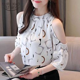 Summer O Neck Short Sleeve Lady Tops Off Shoulder Chiffon Shirt Casual Korean Style Loose Print Blouse Women 9499 50 210415