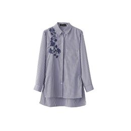 Fashion Women Flower Embroidery Side Slit Stripe Shirts Long Sleeve Blouse Casual Lady Tops Chemise Femme Blusas S1106 210430