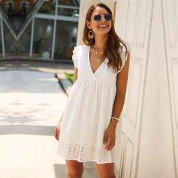 Solid Hollow Out Short Dress Women Sexy V Neck Butterfly Sleeve Lace Oversize Loose Summer Ladies es 210730