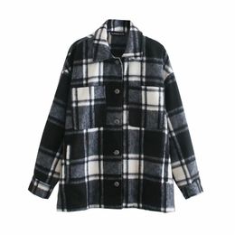 Vintage Stylish Loose Black And White Plaid Jacket Coat Women Fashion Lapel Collar Long Sleeve Loose Chic Top 210520