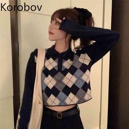 Korobov New Arrival Women Pullovers Korean Hit Color Patchwork Knitted Plaid Female Sweaters Vintage Streetwear Crop Top 210430