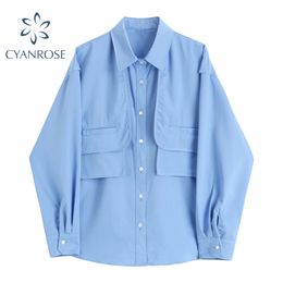 Spliced Blouses For Ladies Stylish Pocket Long Sleeve Boyfriend Oversized Women's Shirt Street OL Elegant Chic Cardigan Tide Top 210417